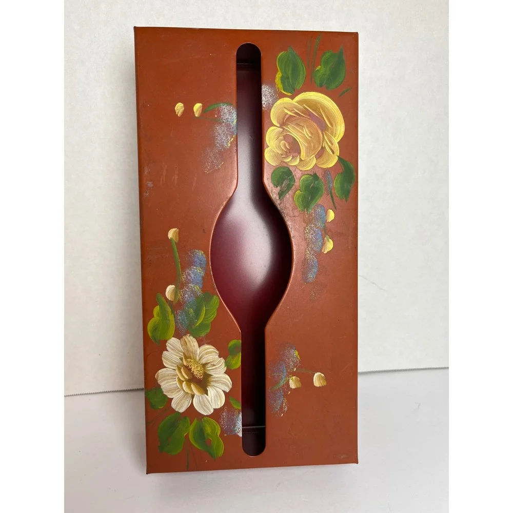 Vintage Metal Tissue Holder Hand Painted Floral Wall Mount Toleware Cottagecore